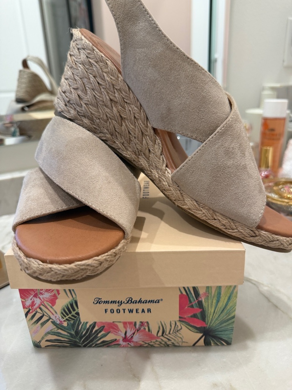 Tommy Bahama Taupe Suede Espadrille Wedge Sandals